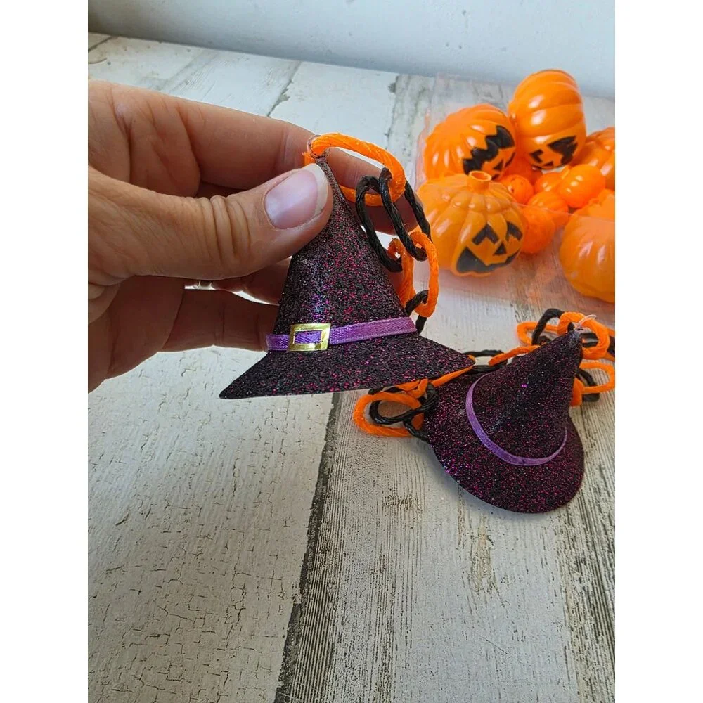 Vintage plastic string light blow mold pumpkin Halloween jack o'lantern witch ha